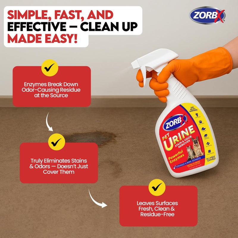 ZORBX Pet Urine Stain and Odor Remover Spray 24 FL Oz - Dog, Cat Urine Enzyme Odor Destroyer - Perfect Solution for Unpleasant Urine Odor and Stain Remover - Hardwood Floors & Carpet Cleaner - Image 4